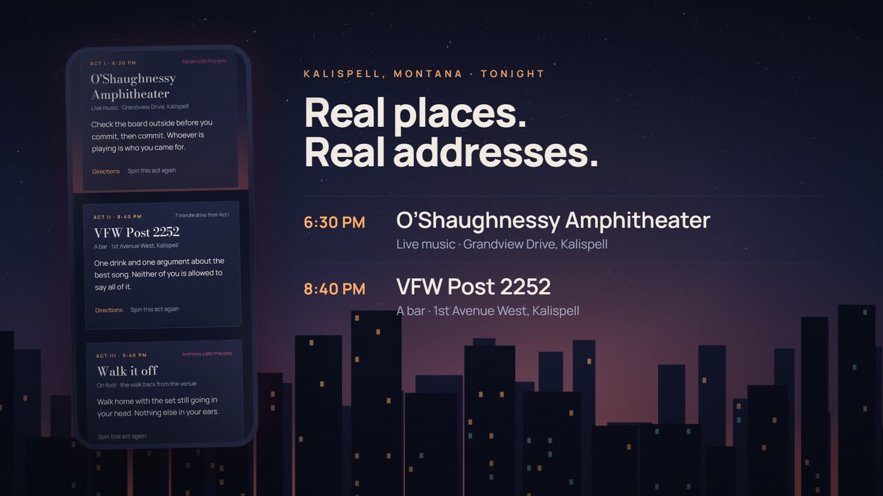 A frame from the film: a phone showing a real IRL plan for Kalispell beside the words Real places, Real addresses